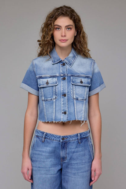 Medium Wash Cropped Stretch Trucker Jacket
