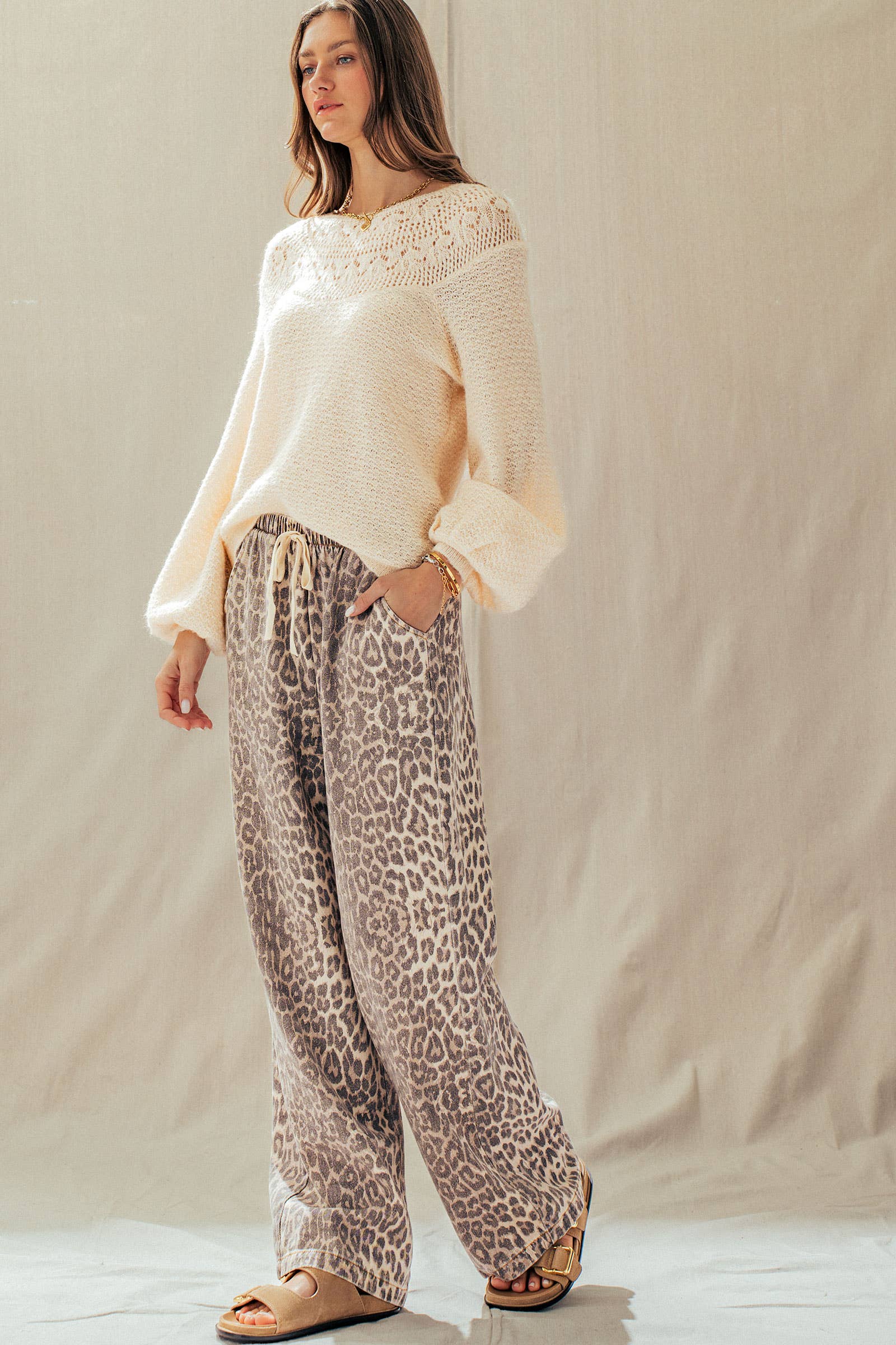 Leopard Print Wide Leg Cotton Pants