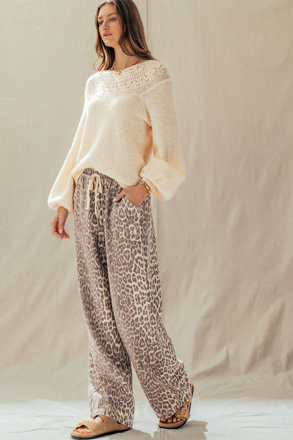 Leopard Print Wide Leg Cotton Pants