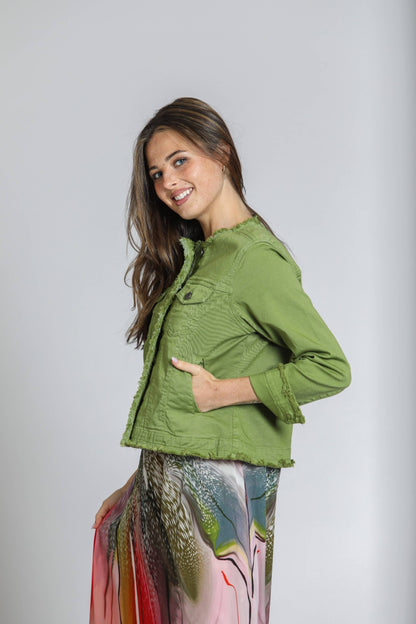 Turtle Green Collarless Jean Jacket With Frayed Detail