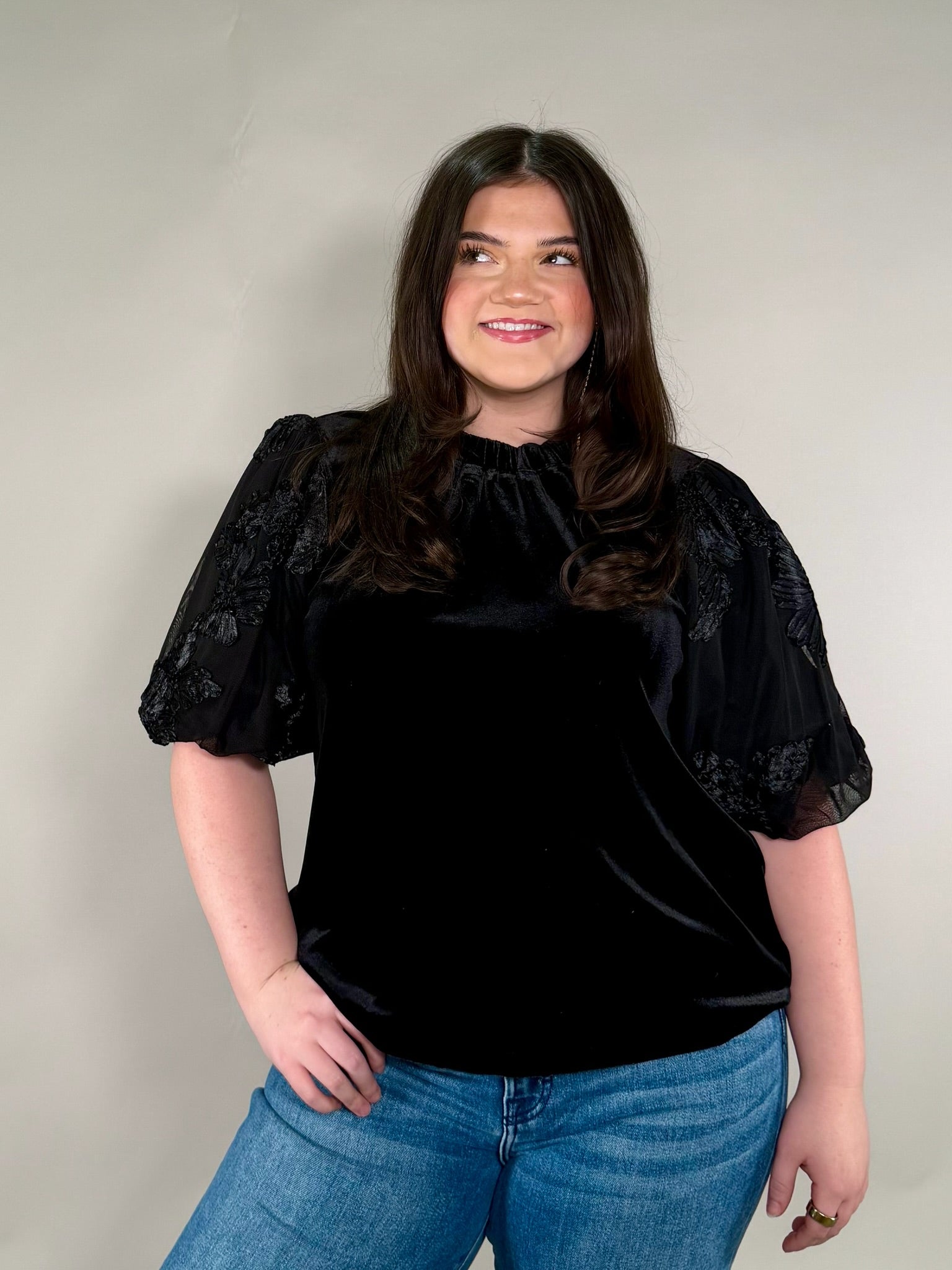 Black Velvet Blouse with Textured Puff Sleeves