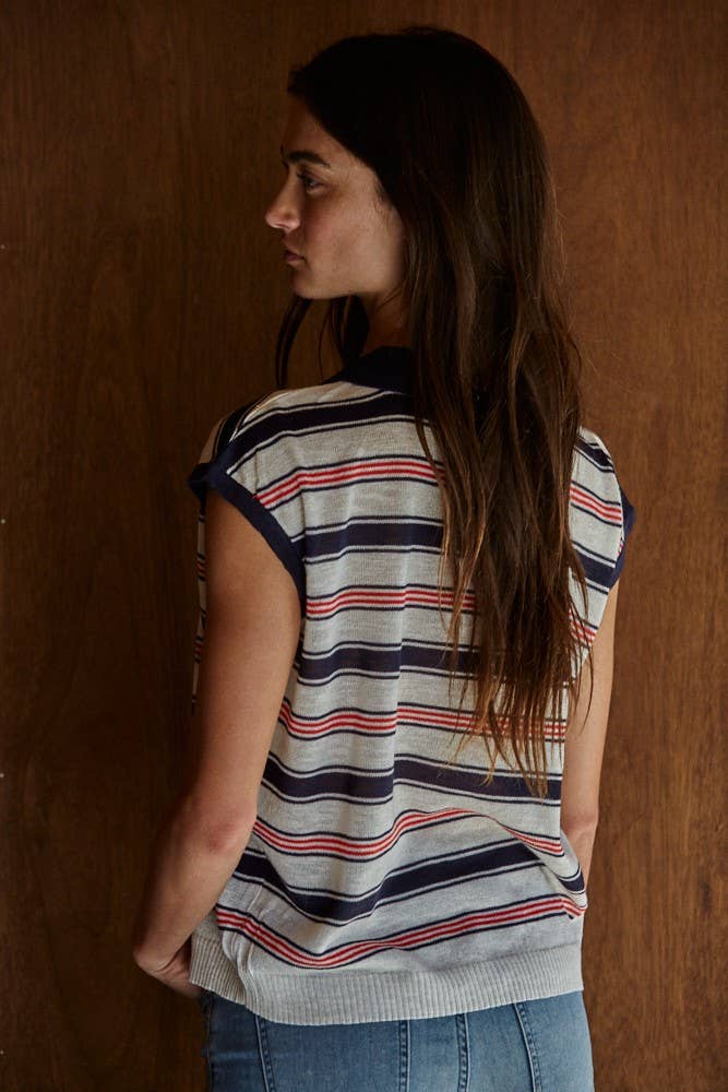 Knit Sweater Viscose Polyester Striped Collared Top