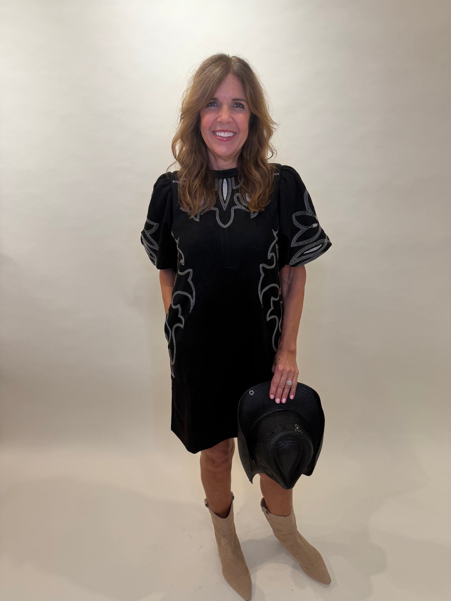 Western-Inspired Embroidered Puff Sleeve Mini Dress