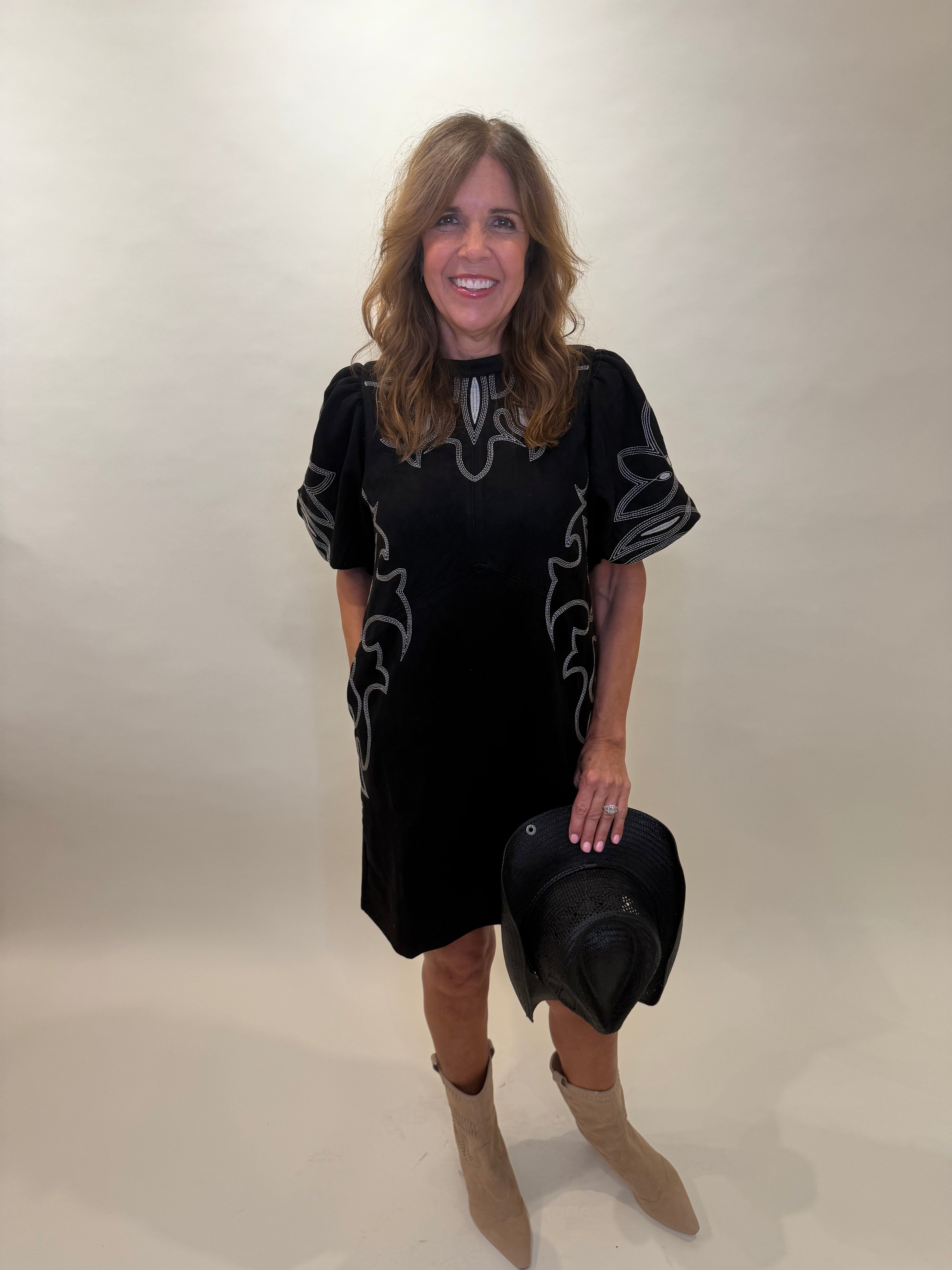 Western-Inspired Embroidered Puff Sleeve Mini Dress