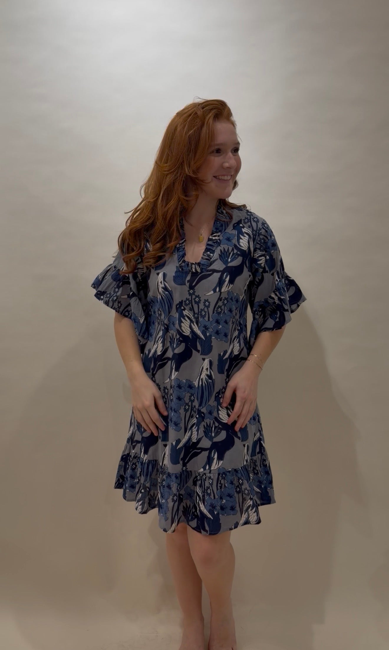 Indigo Bird Print Ruffle-Sleeve Caftan Mini