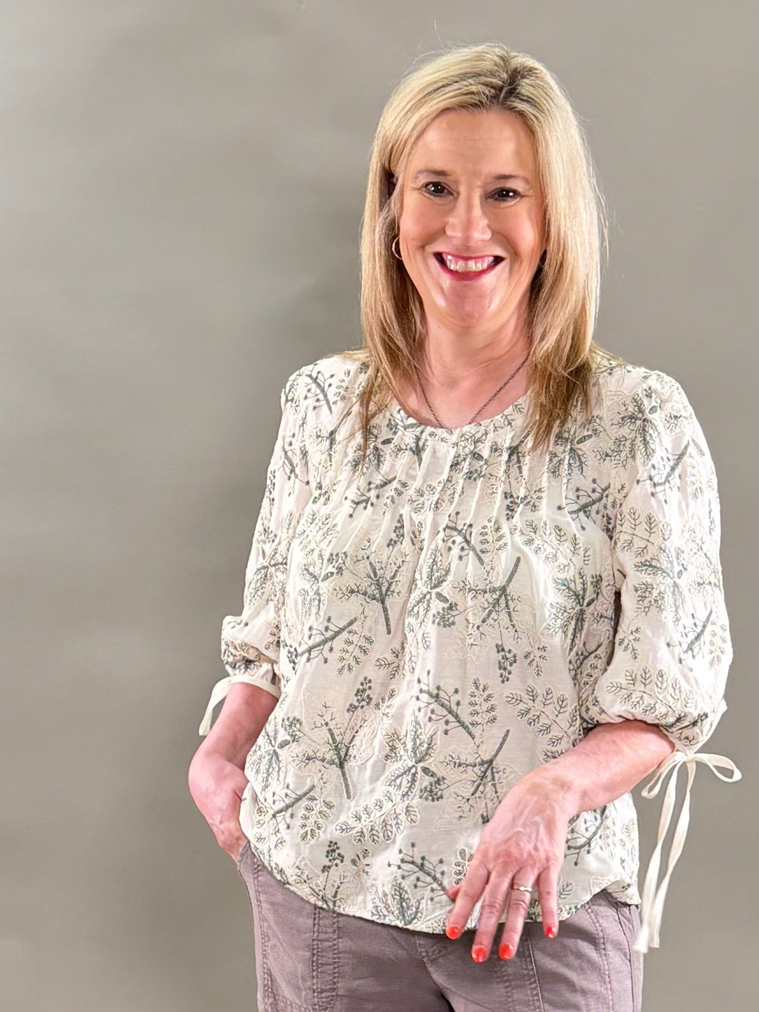 Cream and Green Embroidery Top