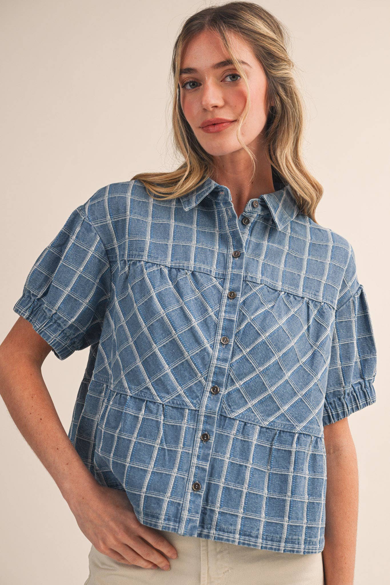 Checkered Denim Button Down Top