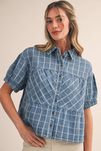 Checkered Denim Button Down Top