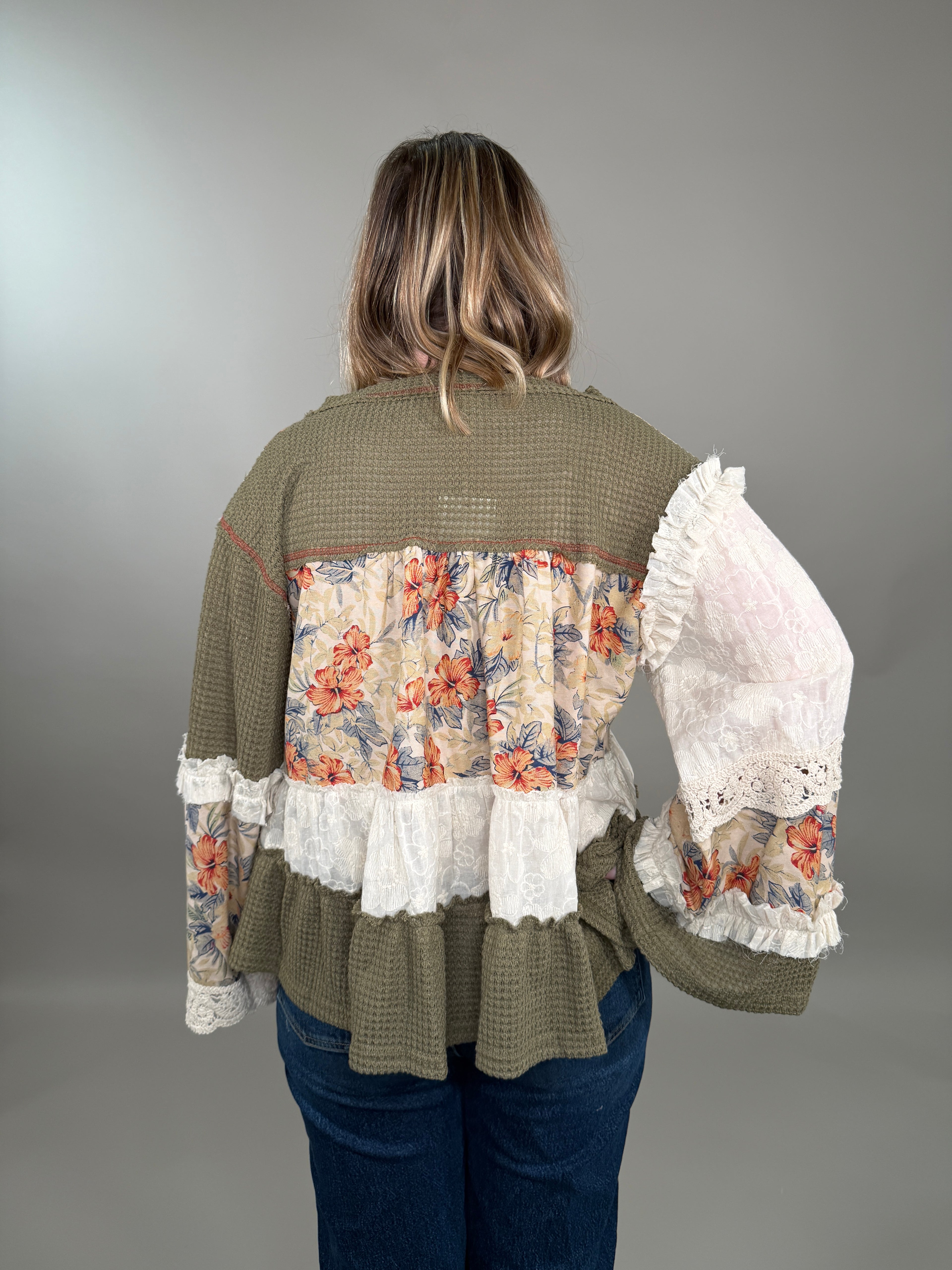 Earth-Toned Patchwork Peasant Top