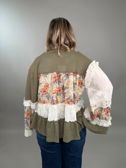 Earth-Toned Patchwork Peasant Top