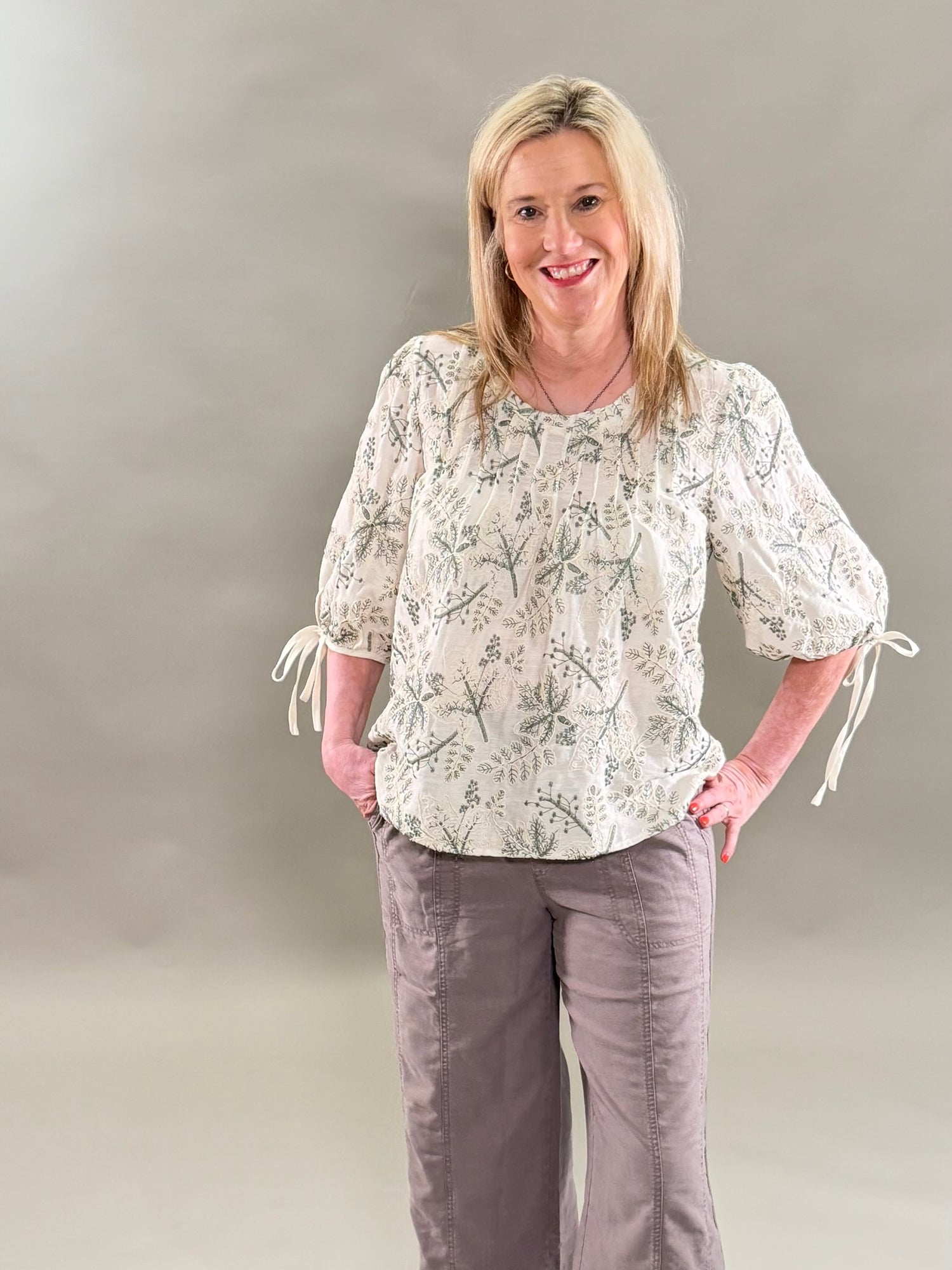 Cream and Green Embroidery Top