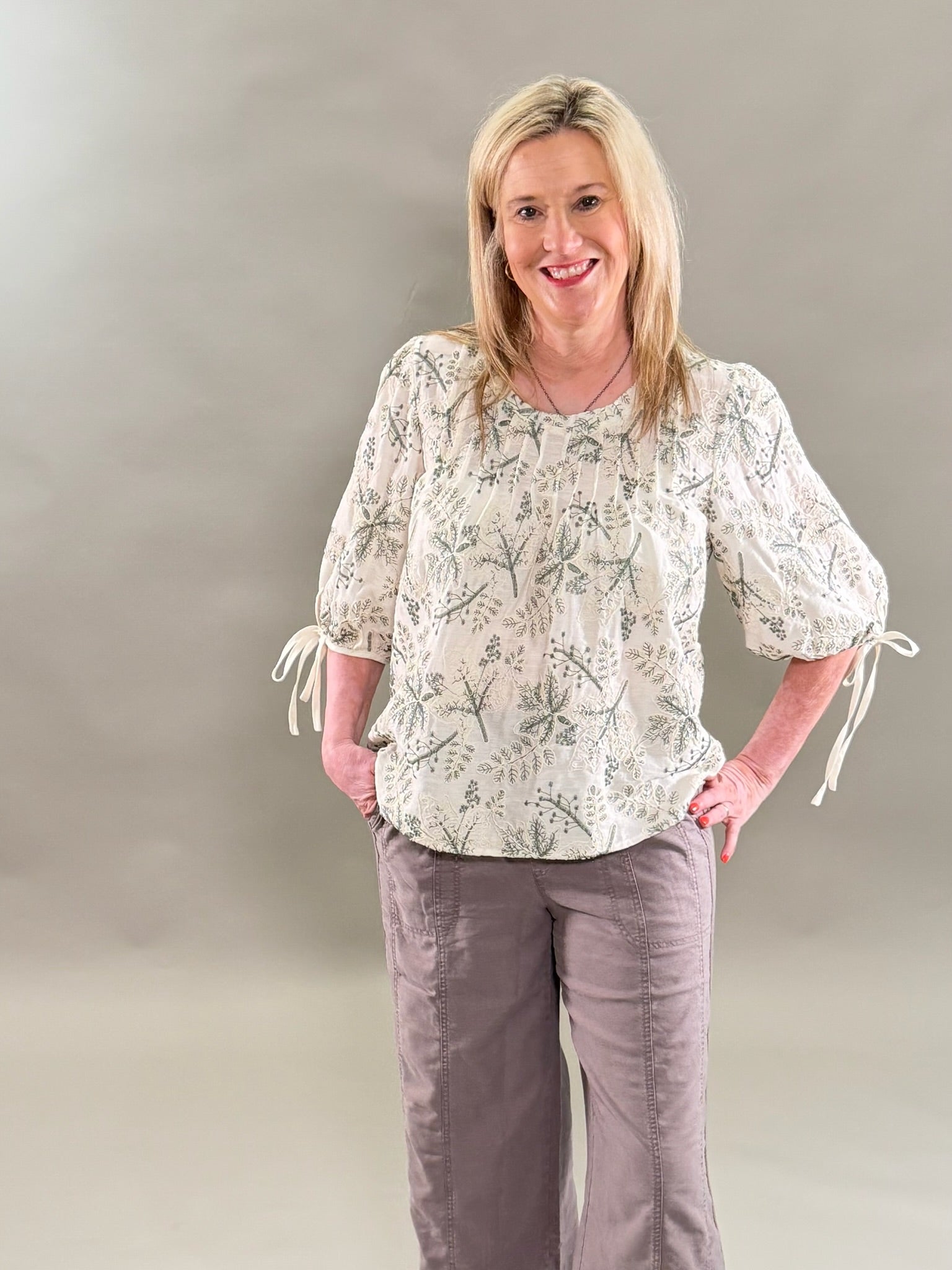 Cream and Green Embroidery Top