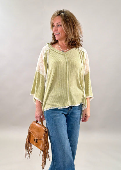 Breezy Sage Hoodie with Lace-Detail