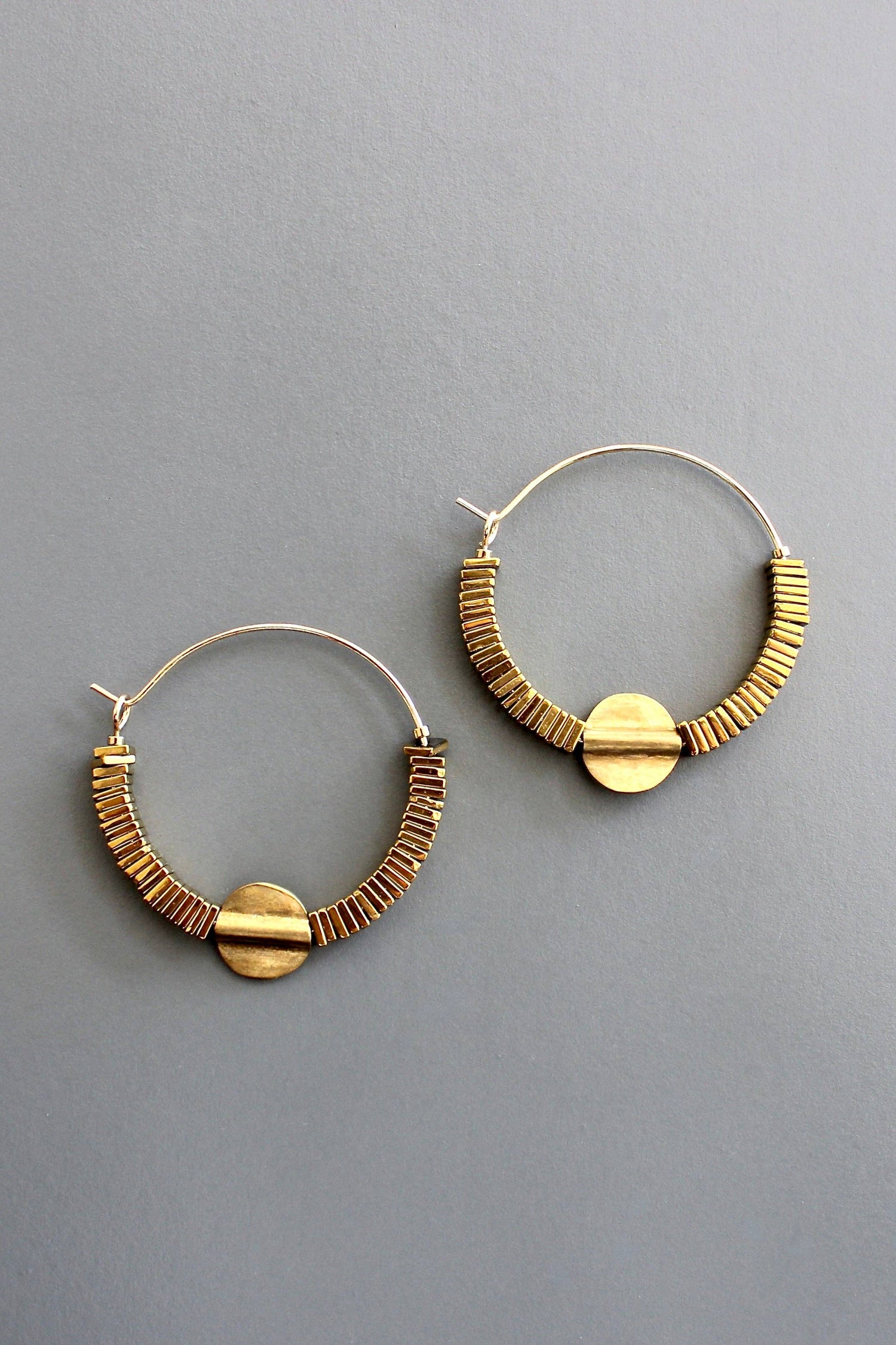 Gold Hematite Hoop Earrings with Brass Beads
