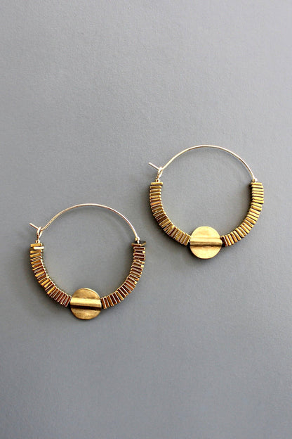 Gold Hematite Hoop Earrings with Brass Beads
