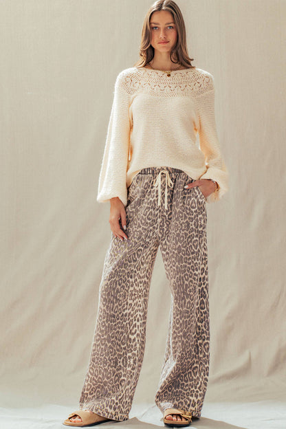 Leopard Print Wide Leg Cotton Pants