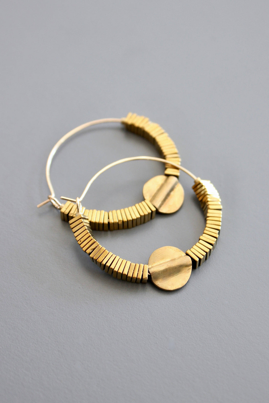 Gold Hematite Hoop Earrings with Brass Beads