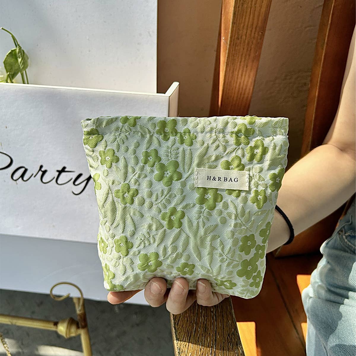 Sweet Green Floral Embossed Pouch