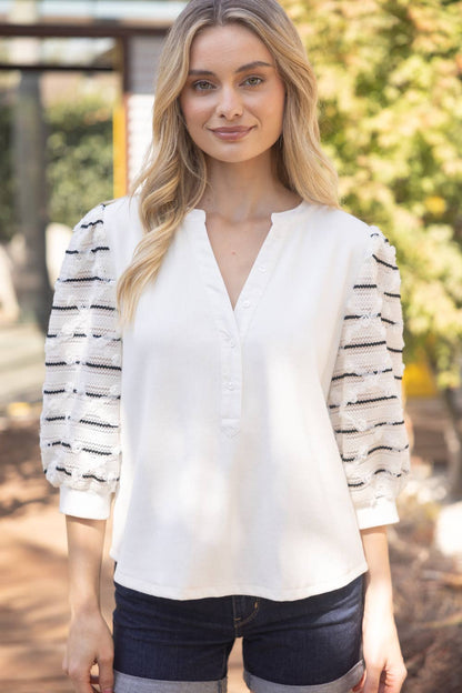 Puff Striped Diamond Tull Detailed Knit Top