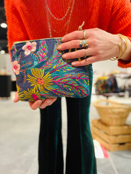 Floral Embroidery Zipper Accessories Pouch