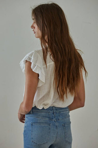Woven Cotton Linen Button V-Neck Short Sleeve Top