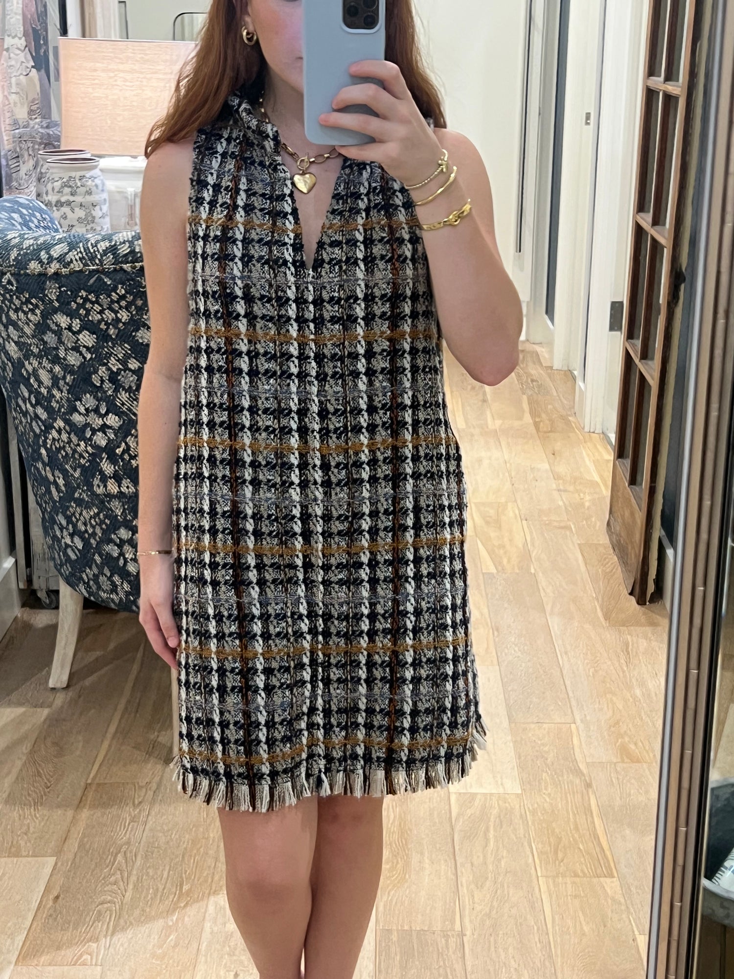 Sleeveless Plaid Tweed Dress