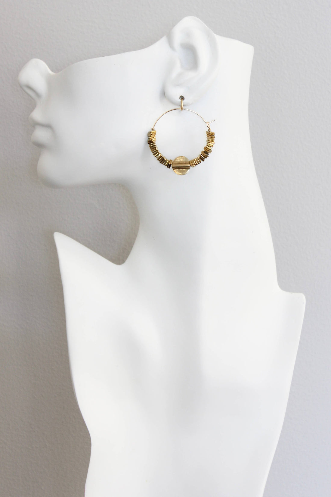 Gold Hematite Hoop Earrings with Brass Beads