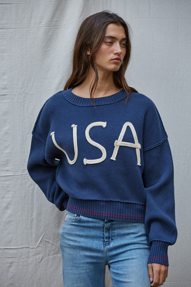 Embroidered &quot;USA&quot; Knit Sweater