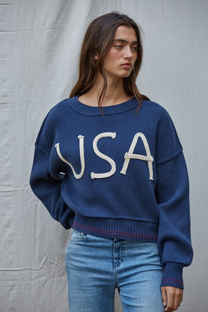 Embroidered &quot;USA&quot; Knit Sweater