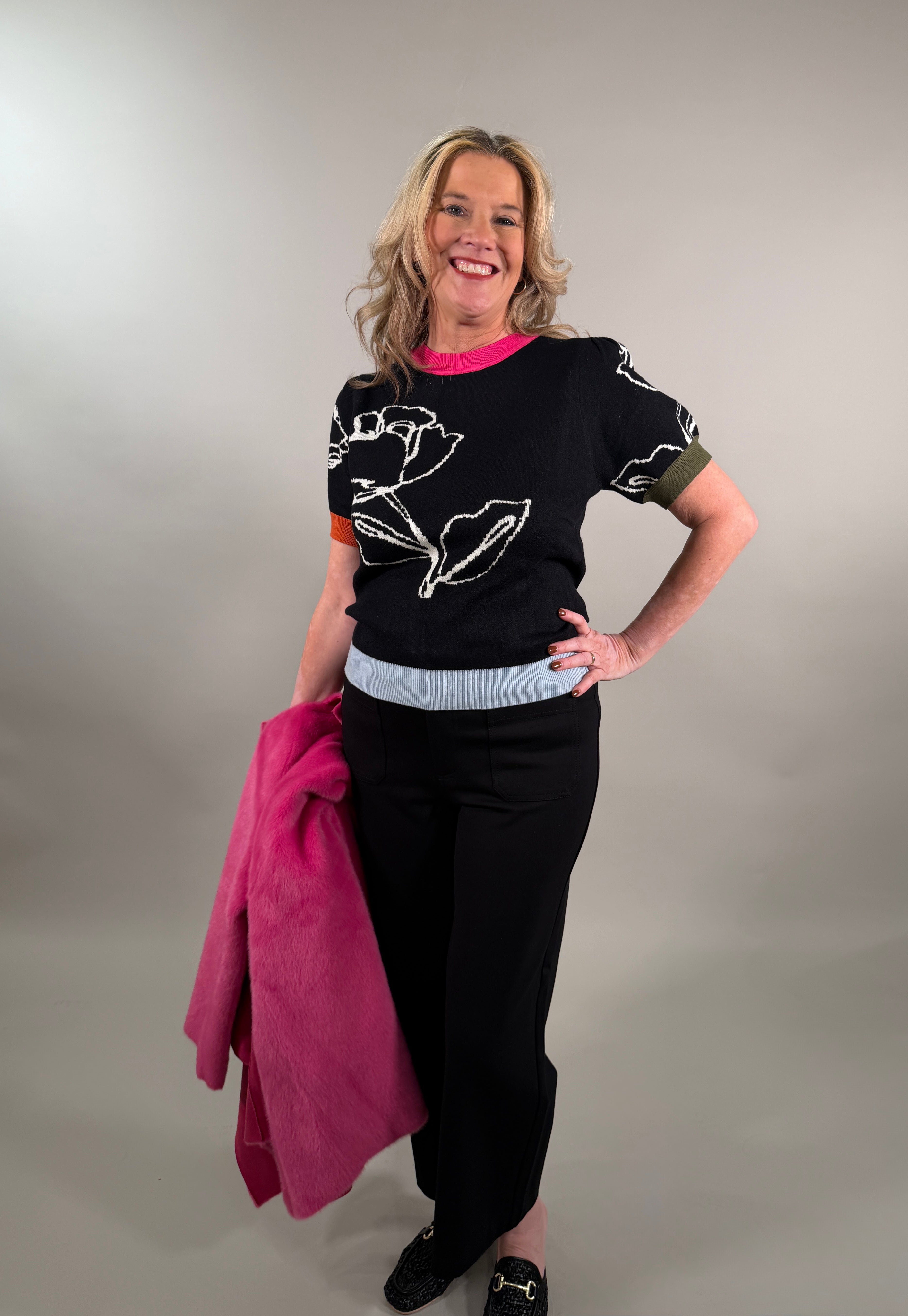 Color Block Ribbed Band Floral Knit Top