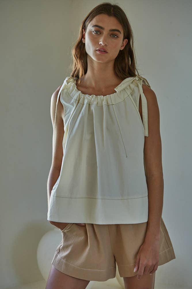 Woven Cotton Round Neck Tie Strap Sleeveless Top