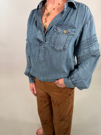 The Indigo Popover Blouse with Pleats