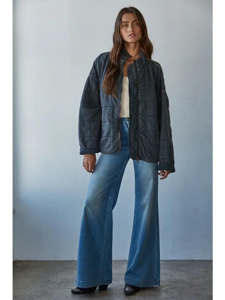 Long Sleeve Quilted Knit Mineral Washed Jacket