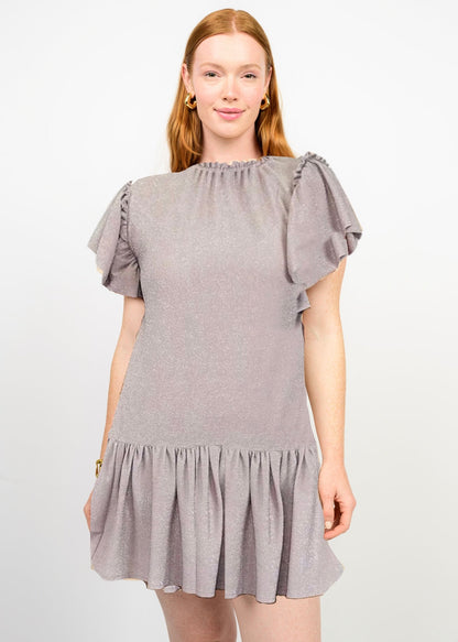 Shimmering Flutter-Sleeve Mini Dress