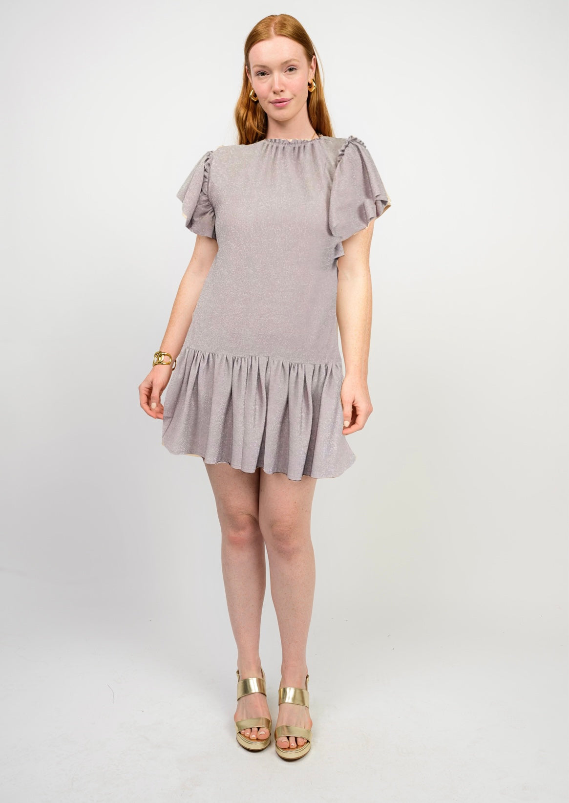 Shimmering Flutter-Sleeve Mini Dress