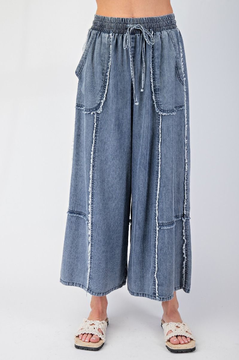 Self Fray Washed Chambray Palazzo Pants