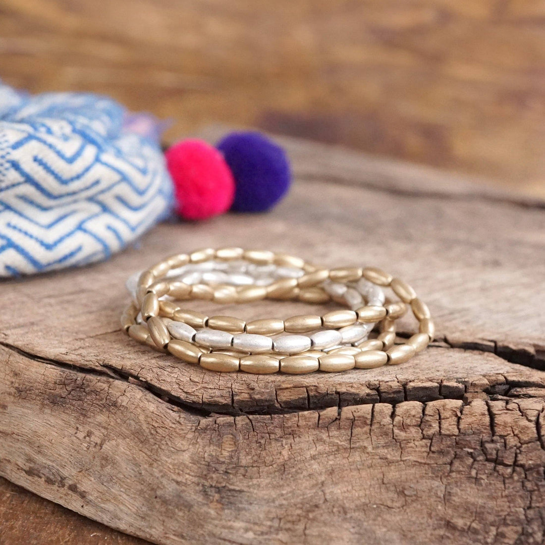 Metal Beaded bracelet stack 5 bracelets - Gold Silver tone