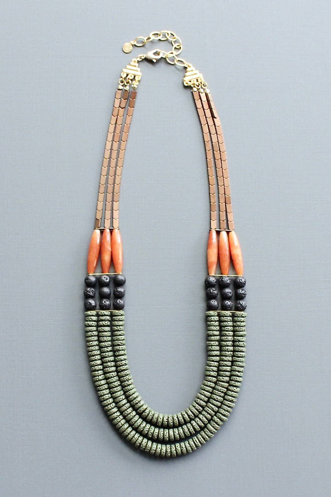 LEX221 Triple strand moss, jet, and carnelian necklace
