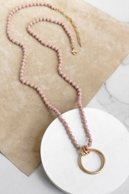 Long Wooden Bead Necklace with gold circle ring - Pink