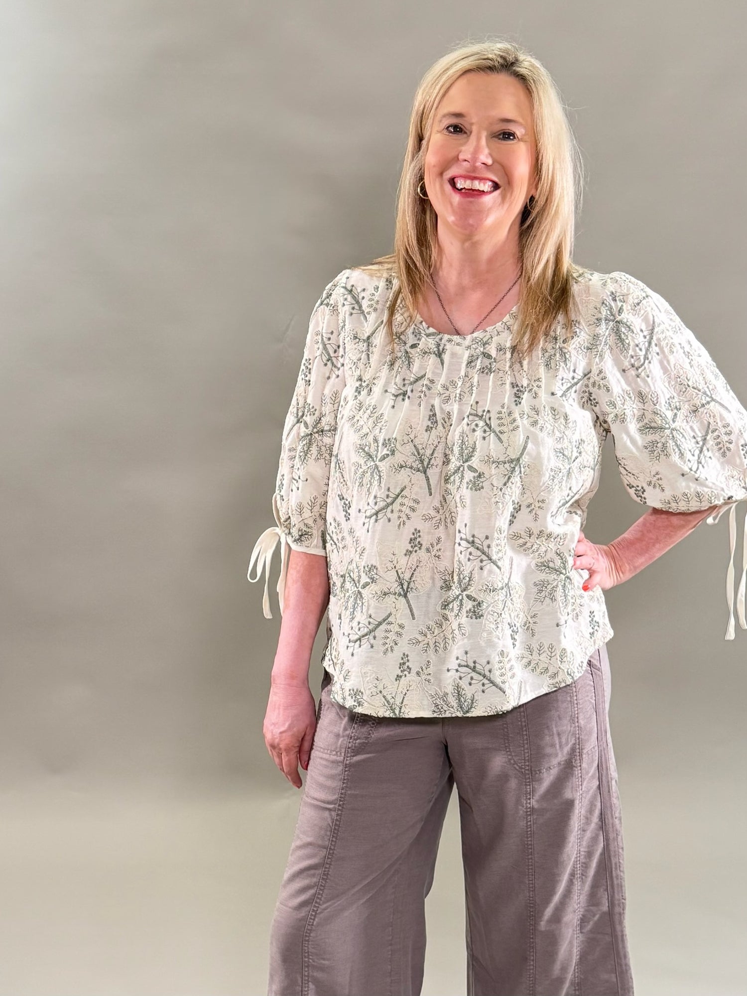 Cream and Green Embroidery Top