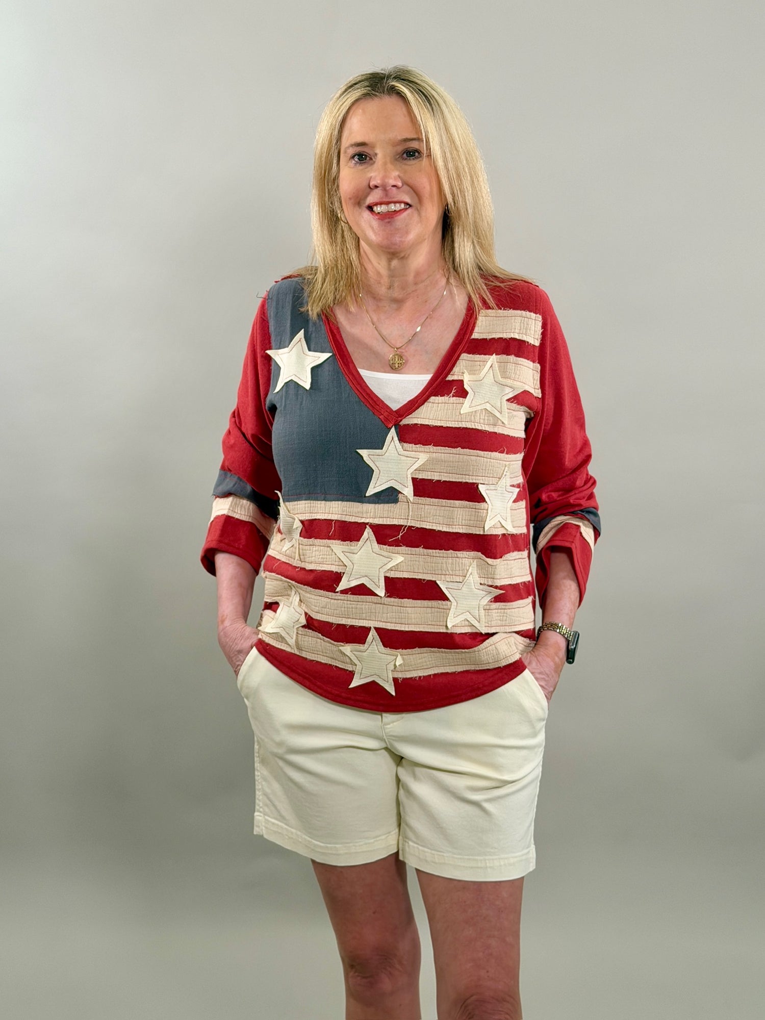 Patriotic Patchwork Star V-Neck Top