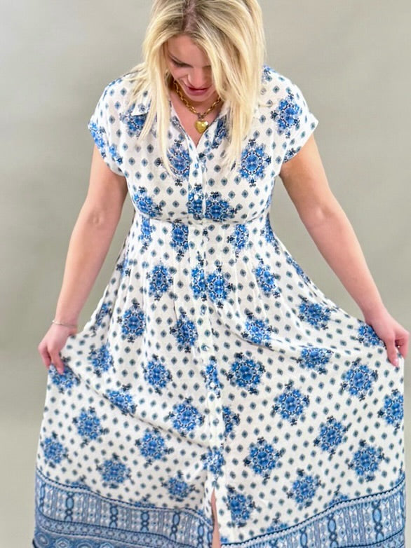 Floral Button-Front Maxi Linen Dress