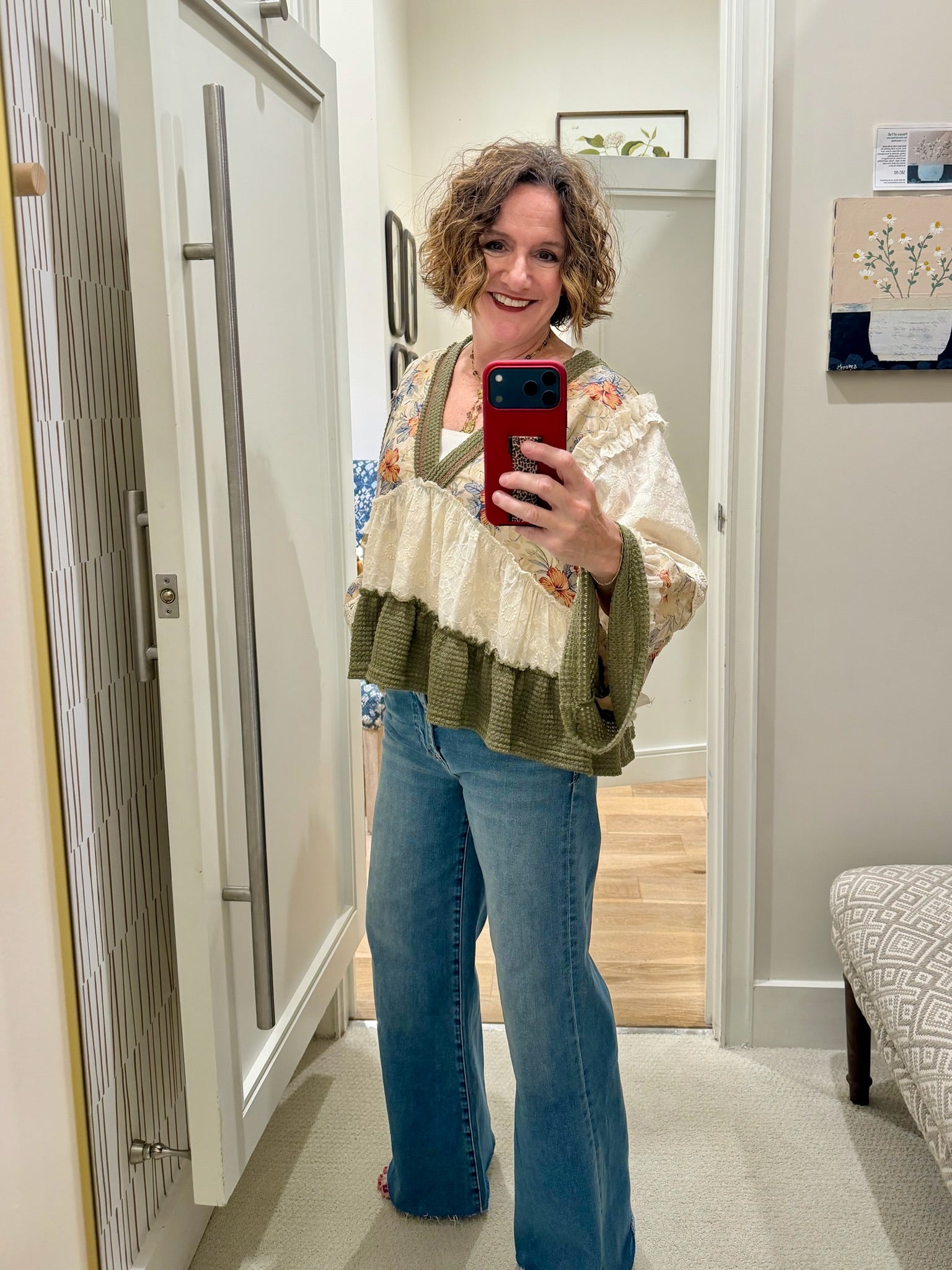 Earth-Toned Patchwork Peasant Top