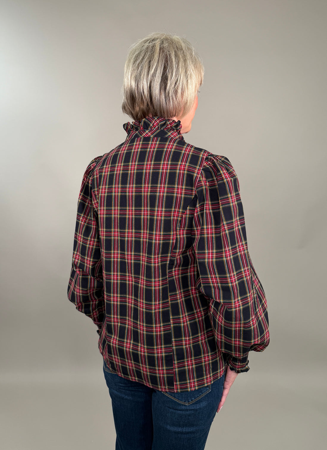 Feminine High Ruffle Neck Button-Down Plaid Blouse