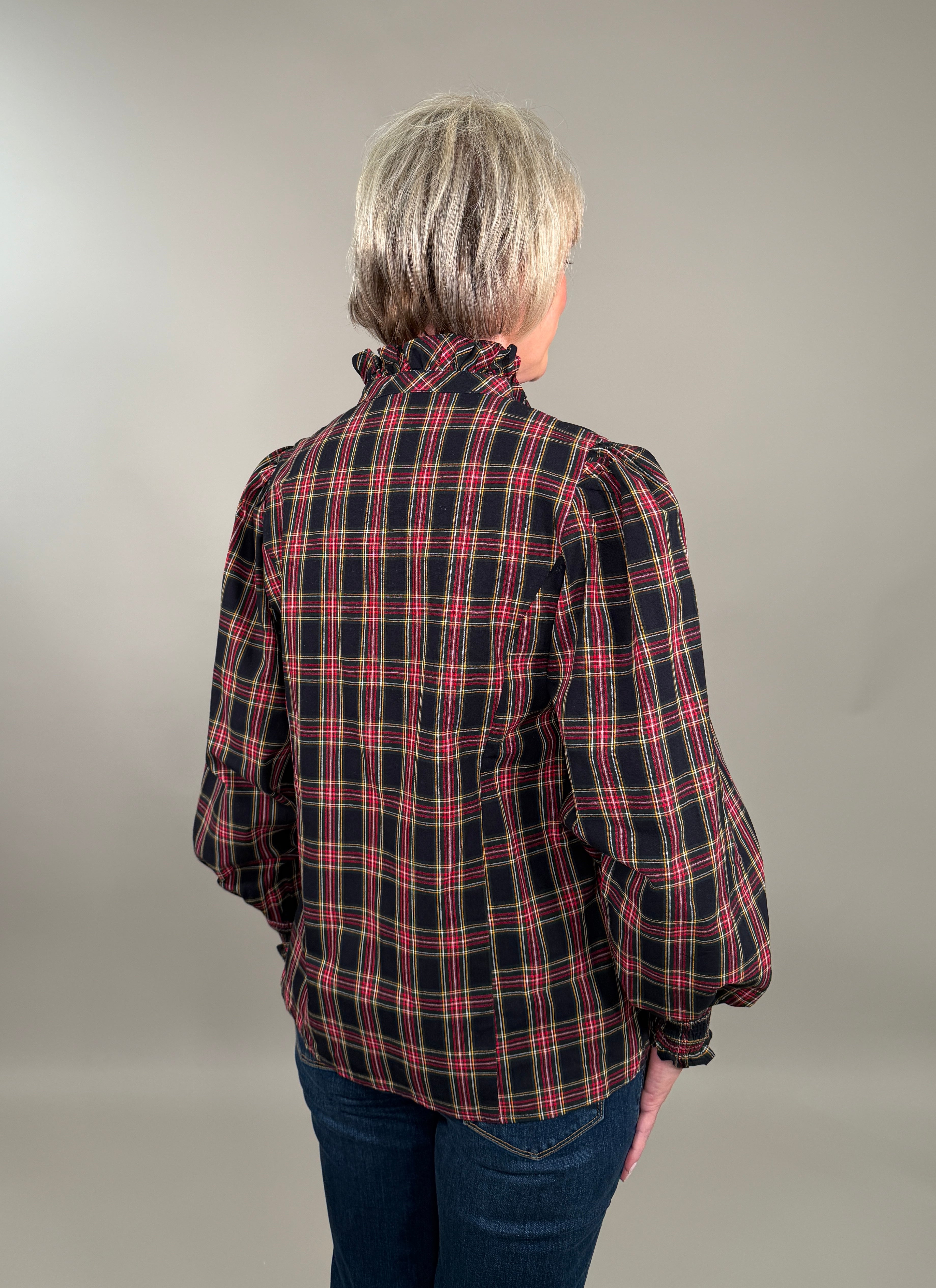 Feminine High Ruffle Neck Button-Down Plaid Blouse