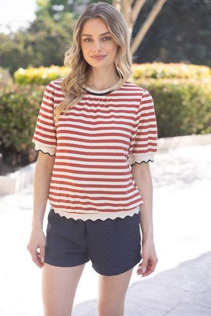 Contrast Band Detailed Striped Knit Top