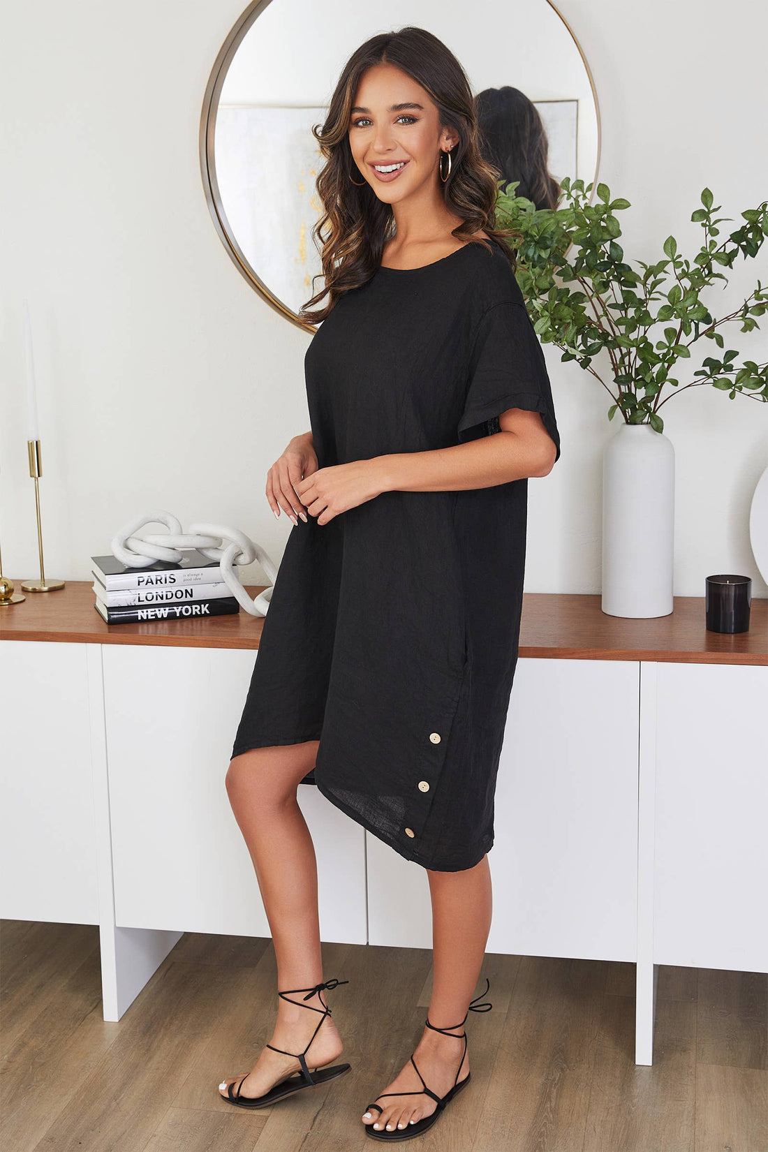 Short Sleeve Side Button Detail Linen Dress