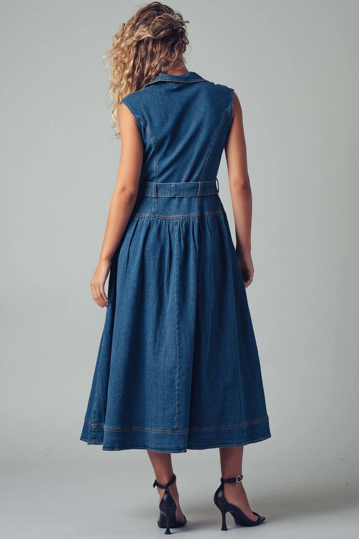 Sleeveless Belted Denim Midi Dress