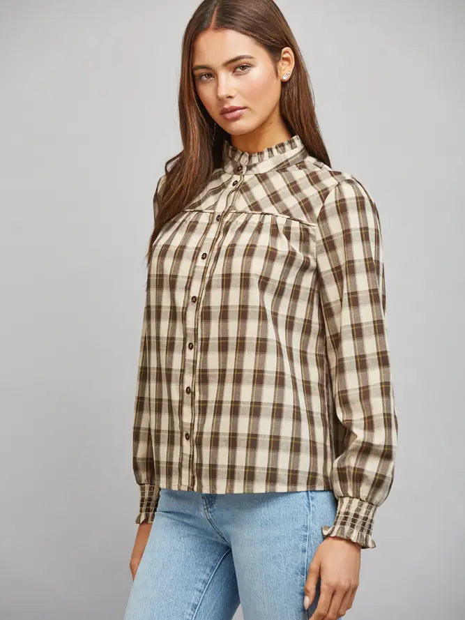 Plaid Ruffled High Collar Button Down Blouse