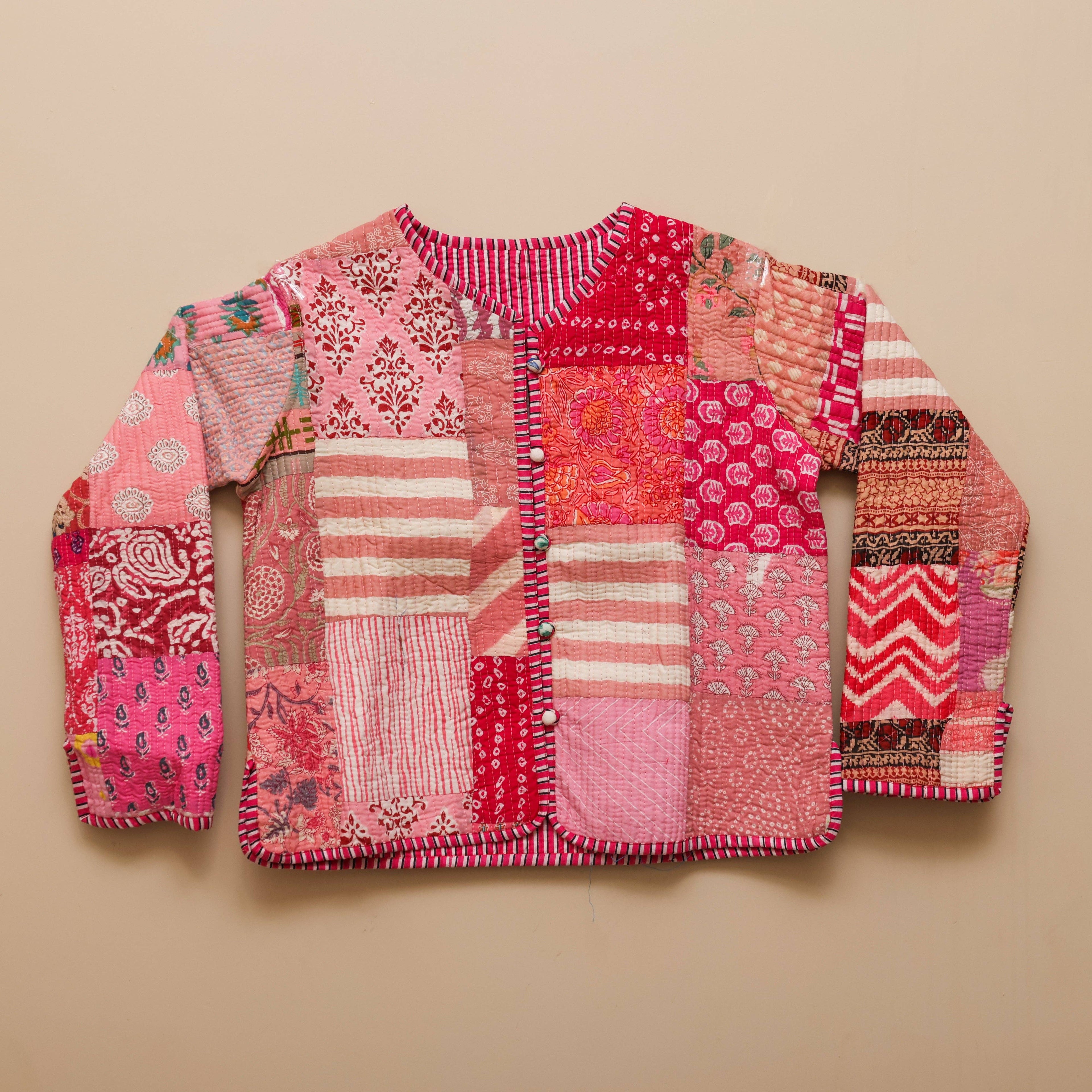 Handcrafted Reversible Quilted Jacket | Charming Pink Patchwork for Effortless Style